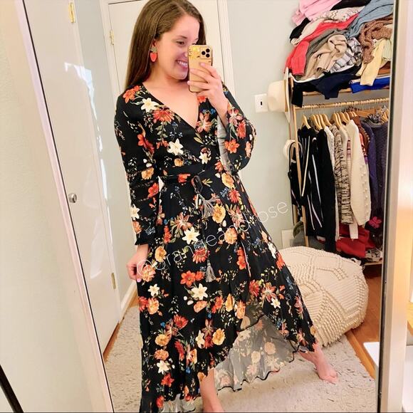 FARM Rio Dresses & Skirts - FARM Rio Brazil Black Floral Wrap Front Long Sleeve Maxi Dress Tropical XS